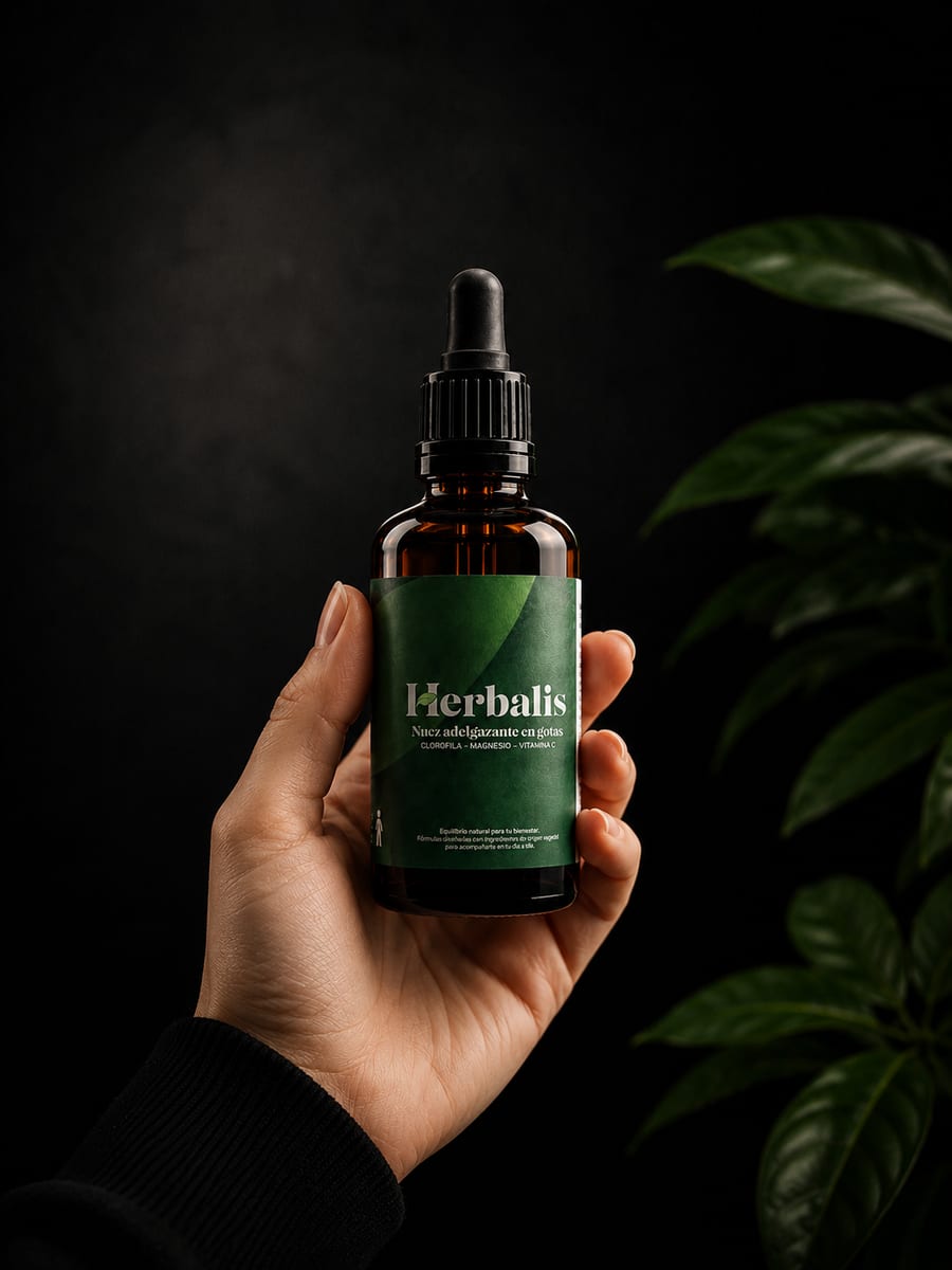 Frasco de gotas Herbalis Nuez de la India en la mano